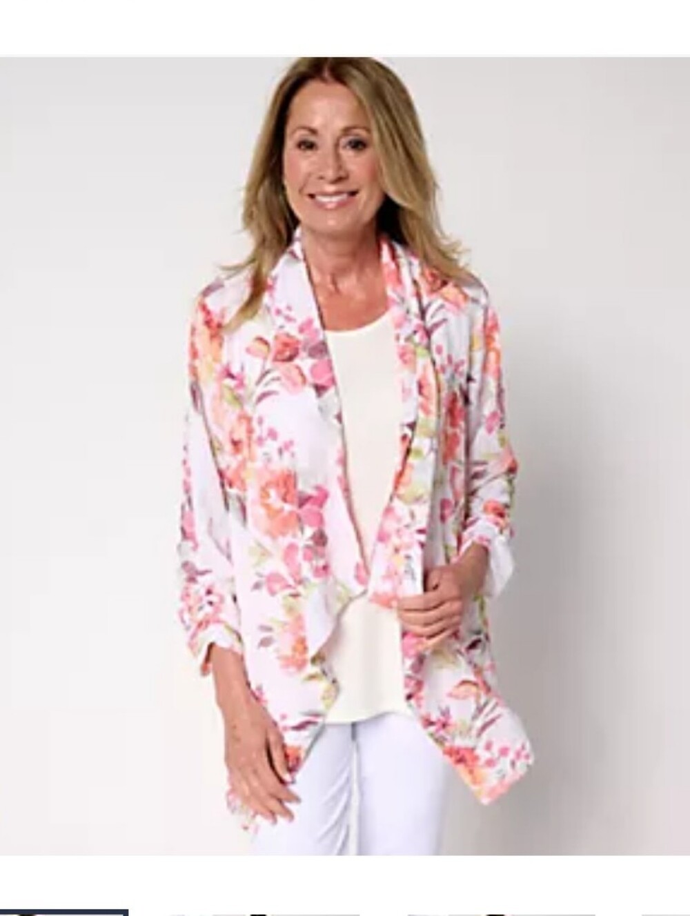 Susan Graver Floral Open-Front Cardigan in White, Coral & Green